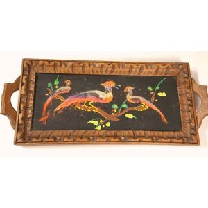Vintage Mexican Feather Art Hand Carved Wood Bird Painting Folk Art Serving Tray